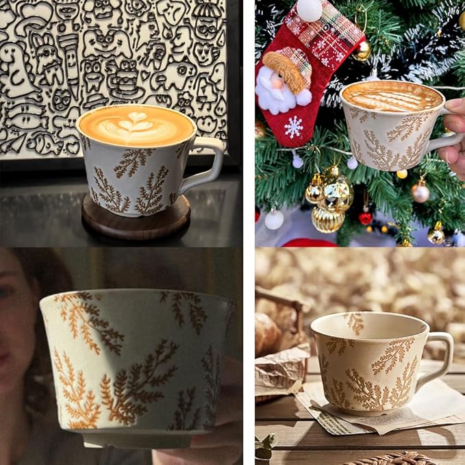 Ceramic Mug 1 pc, 11oz - Vintage Coffee Mug, Pottery Cups for Milk, Latte, Cappuccino, Tea - Porcelain Dishwasher, Microwave Safe Stoneware Gift for Women Men, Brown Leaf