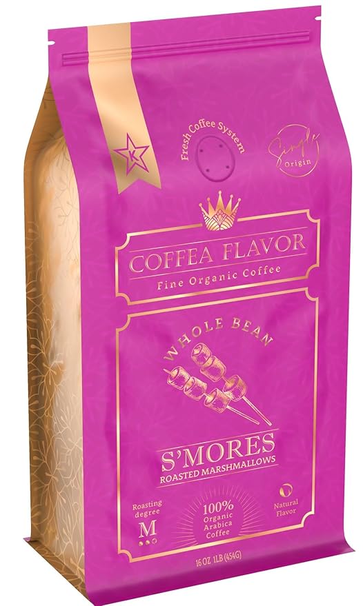 S'mores Flavored Whole Bean Coffee – 100% Arabica, Single Origin, Medium Roast, Naturally Sweetened, Rich and Creamy Flavor – Perfect for Cold Brew – by Coffea Flavor