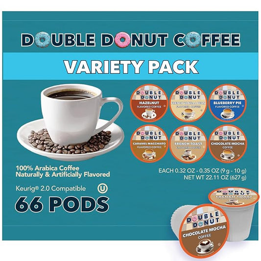 Double Donut Coffee Variety Pack Assorted Medium Roast, Dark Roast & Flavored Coffee in Recyclable Single Serve Cup, 66 Count