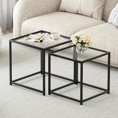 VILAWLENCE Coffee Table Set of 2, Modern Black Patterned Glass Side Table, Metal Frame Square End Table, Center Tables Nesting Coffee Table for Living Room,Bedroom and Small Spaces