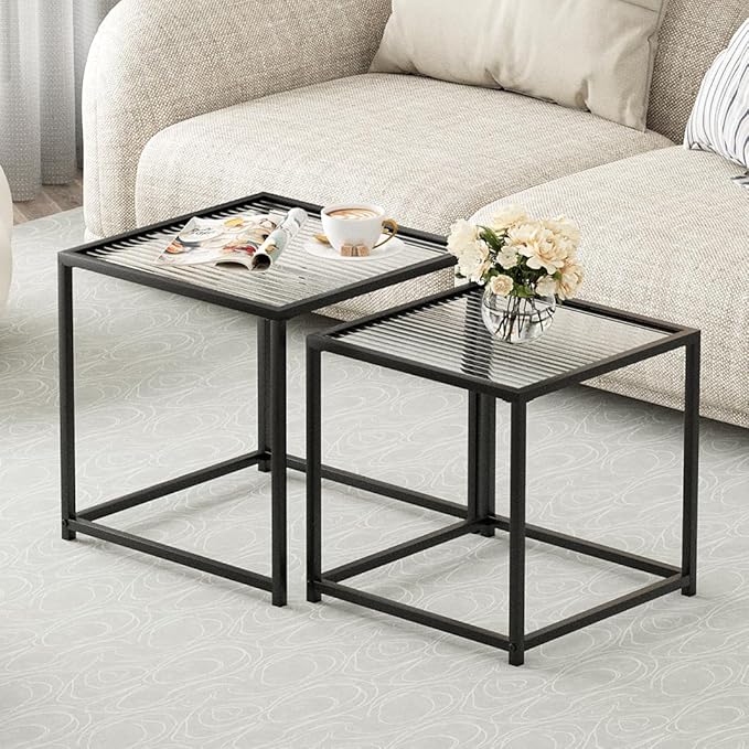 VILAWLENCE Coffee Table Set of 2, Modern Black Patterned Glass Side Table, Metal Frame Square End Table, Center Tables Nesting Coffee Table for Living Room,Bedroom and Small Spaces