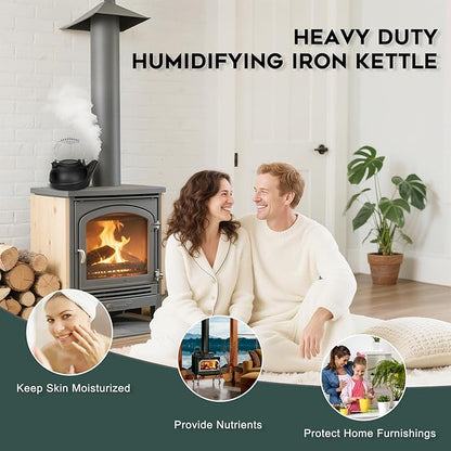 Gtongoko Wood Stove Steamer 3 Quart Cast Iron Humidifier Kettle for Wood Stove, Fireplace Steamer Humidifier with Wide Mouth, Cool-Touch Handle, Home Indoor Decorative Black