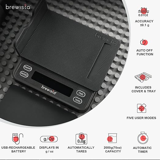 Brewista Smart Coffee Scale III with Timer, 2kg/0.1g High Precision Scale for Espresso and Pour-Over Coffee, Portable Mini Digital Kitchen Scale with Automatic Timing, Rechargeable, 5 Modes