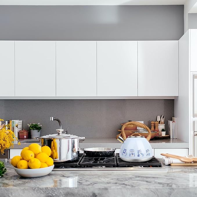 Tea Kettle, Toptier Teapot Whistling Kettle with Wood Pattern Handle Loud Whistle, Food Grade Stainless Steel Tea Pot for Stovetops Induction Water Kettle, 2.7-Quart Blue Cat