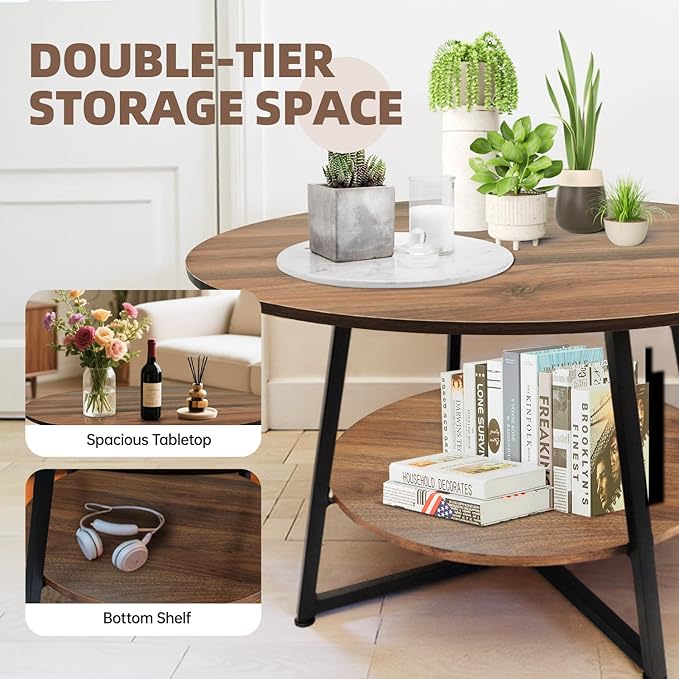 2-Tier Circle Coffee Table with Storage Modern Circular Coffee Table 28.35in Wood Rustic Table for Living Room, Small Space, Home Office, Easy Assembly (Brown)
