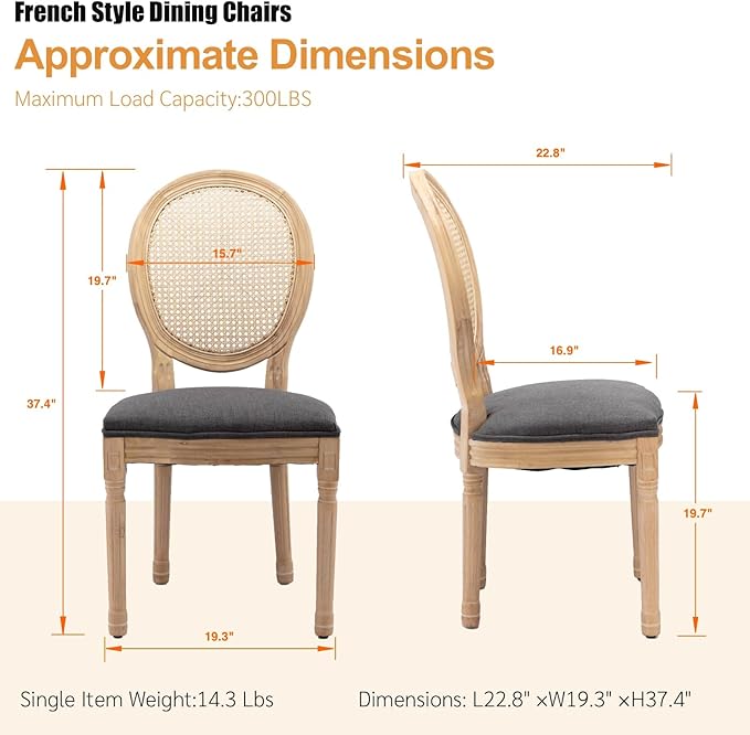 French Country Dining Chairs Set of 6, Vintage Wooden Dining Chairs with Fabric Upholstered Seat&Rattan Oval Backrest,Solid Wood Legs&Frame, Farmhouse Kitchen&Living Room Chairs(Gray,6 Pcs)