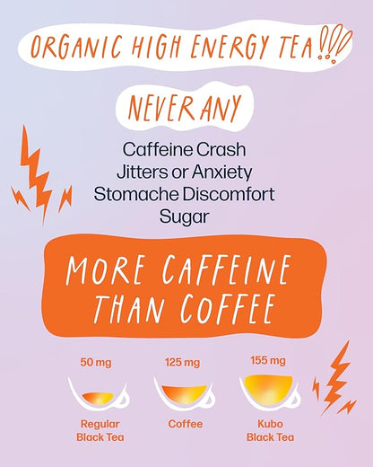 Kubo Tea Lemon Mango Black Tea - Organic High Caffeine Energy Blend - 20 Pyramid Tea Bags (155mg Caffeine each) - Healthy Sugar Free Coffee Substitute for Hot and Iced Drinks - Biodegradable Packaging