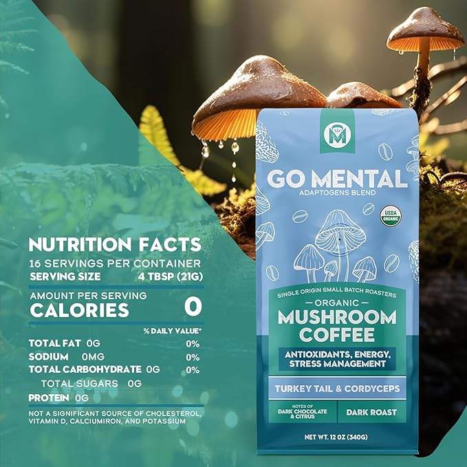 Organic Turkey Tail & Cordyceps Mushroom Coffee Dark Roast, Antioxidants, Immune System Support, overall wellness, Grade 1 Single Origin Peruvian | 12oz - Ground (2 Pack)