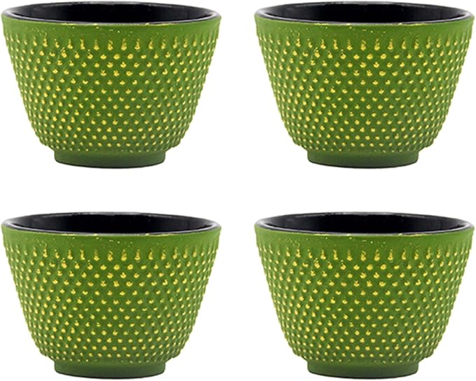 Japanese Cast Iron Tea Cups, Small and Heavy Teacups with no Handles, Japanese Style Cup for Adults, Asian Teacups, Coated with Enameled Interior, 4 Pcs/Box (Green, 3.38oz/100ml)