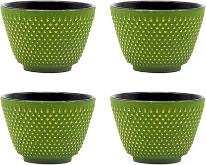 Japanese Cast Iron Tea Cups, Small and Heavy Teacups with no Handles, Japanese Style Cup for Adults, Asian Teacups, Coated with Enameled Interior, 4 Pcs/Box (Green, 3.38oz/100ml)