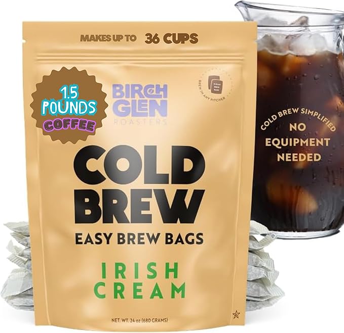 Birch Glen Roasters Cold Brew Coffee Bags - 12 Pack of Coarse Ground Coffee Filter Pitcher Packs for Easy Brewing - 100% Arabica - Yields 6 Pitchers - Irish Cream Flavor
