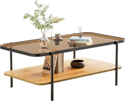 Brown Glass Coffee Table, Modern 2-Tier Coffee Table with Metal Leg, Accent Table with Wood Open Storage, Living Room Rectangular Center Table with Rounded Corners, Side Table for Home Office (Brown)