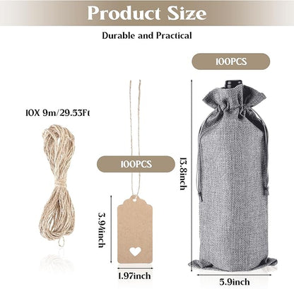 Windyun 100Pcs Burlap Wine Bags Drawstring Wine Bottle Gift Sacks with Tags 5.9 x 13.8 Inch Jute Burlap Plain Wine Bags for Wedding Birthday Blind Tastings Christmas Travel Party (Gray)