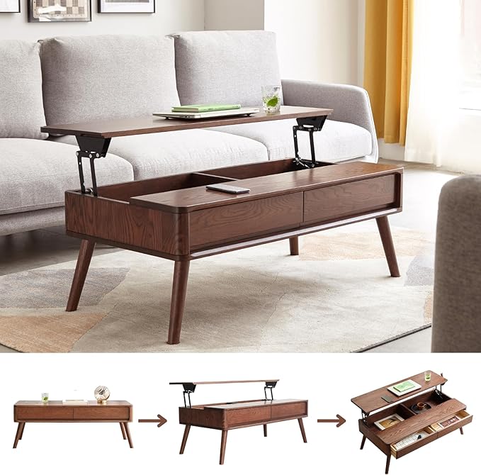 100% Solid Oak Lift Top Coffee Table, Wood Coffee Table with Hidden Compartment and Drawers - Coffee Tables for Living Room (Walnut Color, 47.2 inch)