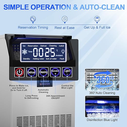 Commercial Ice Maker Machine 350Lbs/24H, 126pcs Ice Cubes Under Counter Ice Machine with Water Line and Filter, Freestanding Ice Maker Machine with 150Lbs Storage ice Bin for Home/Shop/Office/Bar