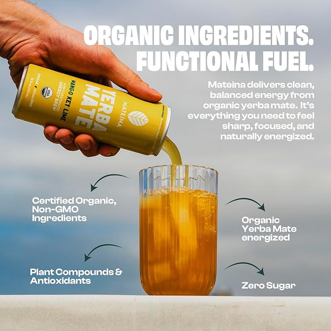 Mateina Yerba Mate Zero Sugar Energy Drink – 120mg Natural Caffeine – Organic, Non-GMO, Non-Carbonated – Dr. Andrew Huberman Recommended – 12 Pack (12oz Cans) (12 Pack, Mango Key Lime)