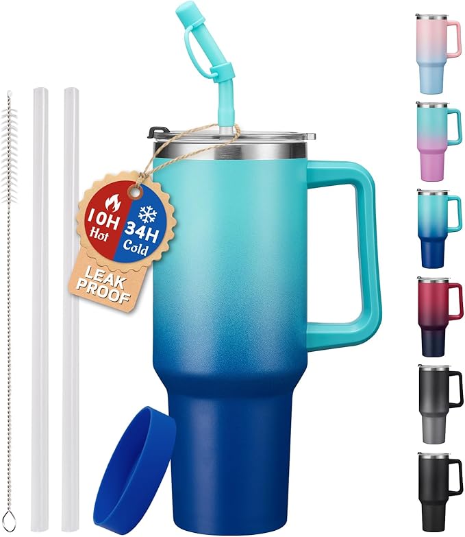 Insulated Tumbler with Handle Straw and Spout - 2-in-1 Lid, 40 oz Water Bottle Keep Cold-34H & Hot-10H, Leakproof, Dishwasher Safe, Stainless Steel Travel Coffee Mug Fits in Car Cup Holder