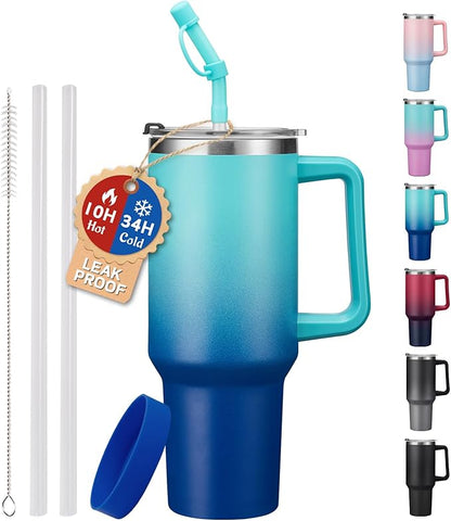 Insulated Tumbler with Handle Straw and Spout - 2-in-1 Lid, 40 oz Water Bottle Keep Cold-34H & Hot-10H, Leakproof, Dishwasher Safe, Stainless Steel Travel Coffee Mug Fits in Car Cup Holder