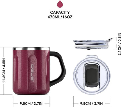 Ideus 16 oz Coffee Cup, Stainless Steel Coffee Travel Mug, Spill Proof Tea Mug with Handle and Lid, Lightweight and Durable, Great for Office Home and Outdoor Use, Red