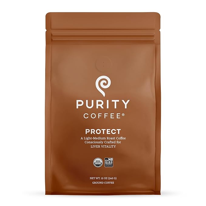 Purity Coffee PROTECT Light-Medium Roast Ground Coffee for Liver Vitality - USDA Organic and Third-Party Tested for Antioxidants, Mold, Mycotoxins and Pesticides - 12oz (Purity Protect, light_roast) | Ground| PROTECT