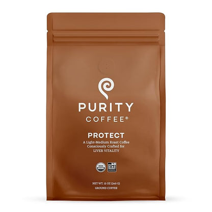 Purity Coffee PROTECT Light-Medium Roast Ground Coffee for Liver Vitality - USDA Organic and Third-Party Tested for Antioxidants, Mold, Mycotoxins and Pesticides - 12oz (Purity Protect, light_roast) | Ground| PROTECT