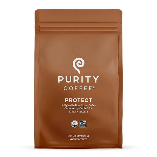 Purity Coffee PROTECT Light-Medium Roast Ground Coffee for Liver Vitality - USDA Organic and Third-Party Tested for Antioxidants, Mold, Mycotoxins and Pesticides - 12oz (Purity Protect, light_roast) | Ground| PROTECT