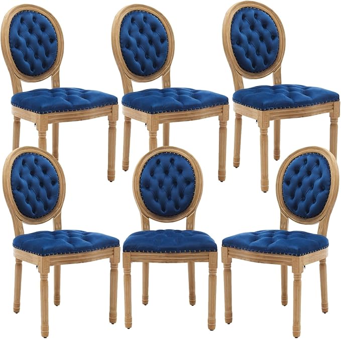 French Country Dining Chairs Set of 6, Vintage Wooden Dining Chairs with Fabric Upholstered Tufted Seat,Solid Wood Legs&Frame, Farmhouse Kitchen&Living Room Chairs(Blue,6 Pcs)
