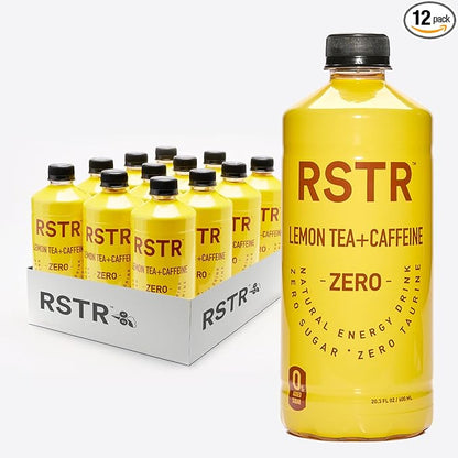 RSTR Lemon Tea 12 Pack – Healthy Energy Drink with 210mg Natural Caffeine – Zesty Iced Tea with Zero Added Sugar – Bottled Tea for Focus & Performance