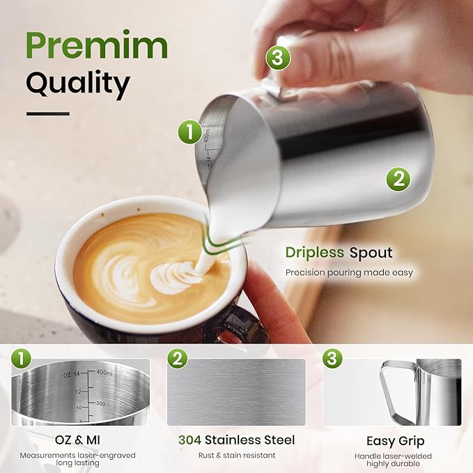 Nahida Handheld Milk Frother Wand with Stand & 14oz Milk Frothing Pitcher Milk Coffee Cappuccino Latte Art - White