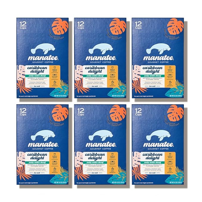 Manatee Gourmet Single Serve Coffee Pods for Keurig K-Cup Brewers, Caribbean Delight Flavored Swiss Water Decaf, 72 Count