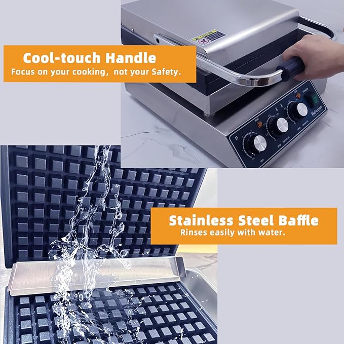 Hehinton® Commercial Waffle Maker, 110V 2300W Belgian Waffle Maker with Oil Grooves and Drip Tray, Heavy Duty Stainless Steel Body, Nonstick Waffle Iron Perfect for Home Kitchen Restaurant