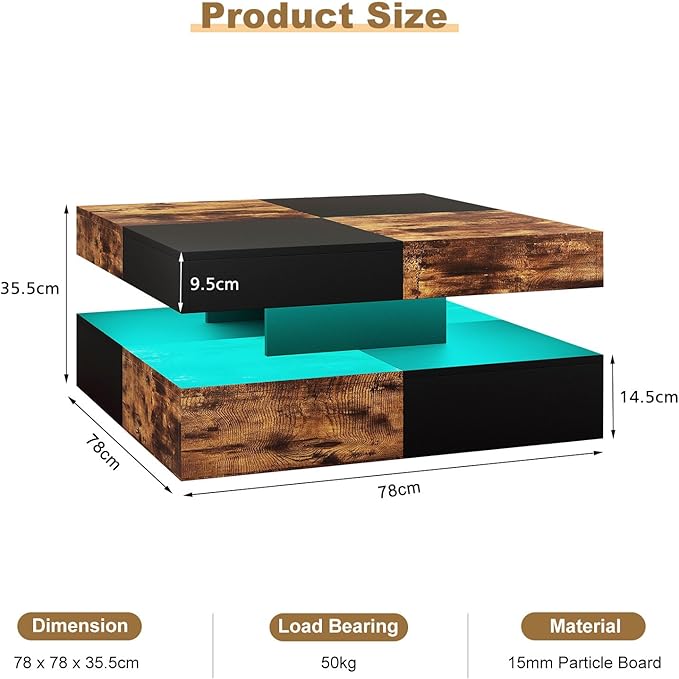 LED Coffee Table for Living Room, Living Room Table 2-Tier Square Middle Center, Modern Coffee Tables with Storage, Contemporary Wood Tea Table for Dining Reception, Rustic Brown