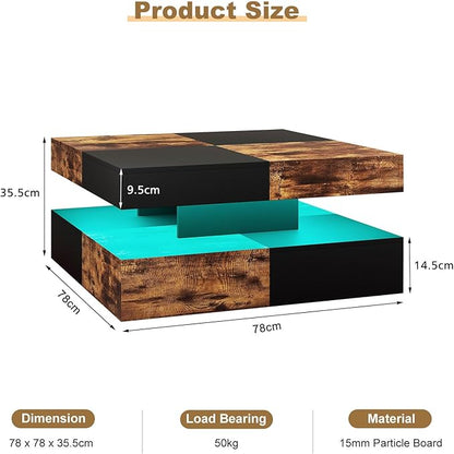 LED Coffee Table for Living Room, Living Room Table 2-Tier Square Middle Center, Modern Coffee Tables with Storage, Contemporary Wood Tea Table for Dining Reception, Rustic Brown