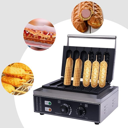 Hotdog Waffle Maker Machine Electric Corn Dog Maker 6 Slice 2 Patterns Non-Stick Stainless Steel Waffle Baker Machine