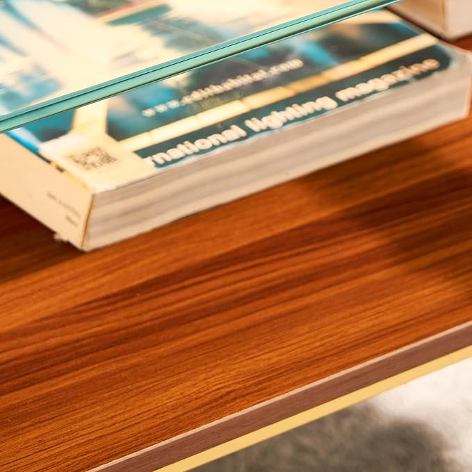 AGV LIGHTING Tadio Large Glass Coffee Table, Mid-Century Modern Coffee Table for Living Room, Gold Finish Leg, Clear Glass Top & Walnut Brown Shelf, 47 in Rrounded Corners