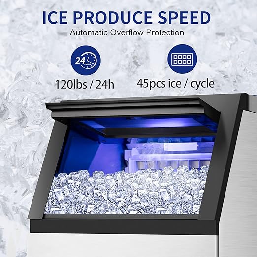 Commercial Ice Maker Machine 120Lbs/24H with 35Lbs Ice Capacity, 45Pcs Clear Ice Cubes Ready in 11-20Mins, Stainless Steel Under Counter Freestanding Large Ice Machine, 2 Water Inlet Modes