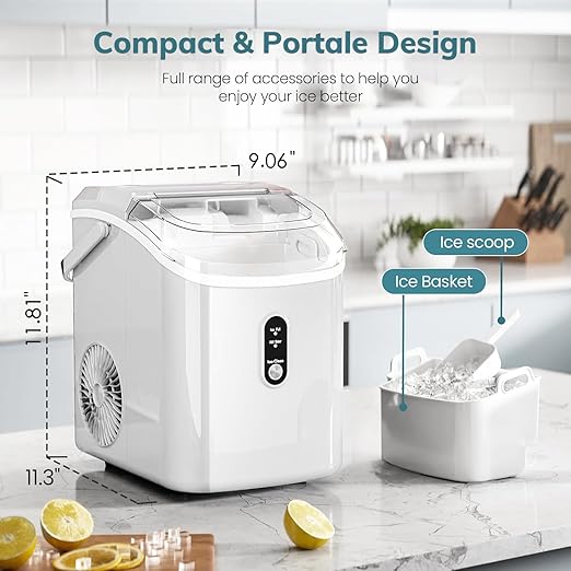 Antarctic Star Countertop Ice Maker with Soft Chewable Pellet Ice, 34lbs/24Hrs, One-Click Operation, Self-Cleaning Portable Peddle Ice Machine with Ice Scoop for Kitchen,Office,Bar,RV (White)