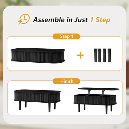 Fluted Lift Top Coffee Table with Hidden Compartment, Fully Assembled Wooden Center Table, Modern Oval Lift Tabletop for Home Living Room Office, Black