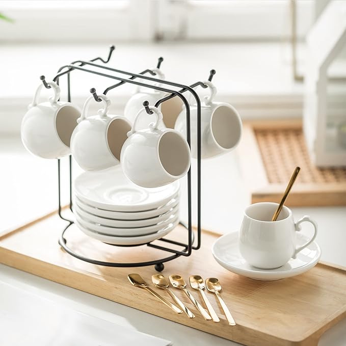 LYEOBOH Espresso Cups with Saucers Set, 3 Ounces Coffee Cups with Metal Stand and Spoons, Ceramic Cappuccino Coffee Cups Demitasse Cups for Espresso, Latte, Cafe Mocha and Tea, Set of 6, White