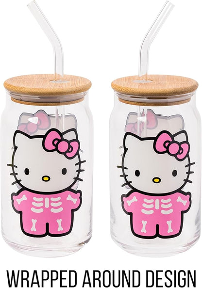 Silver Buffalo Sanrio Hello Kitty Halloween Spooky Skeleton Glass Jar Tumbler with Bamboo Lid and Glass Straw, 16 Ounces