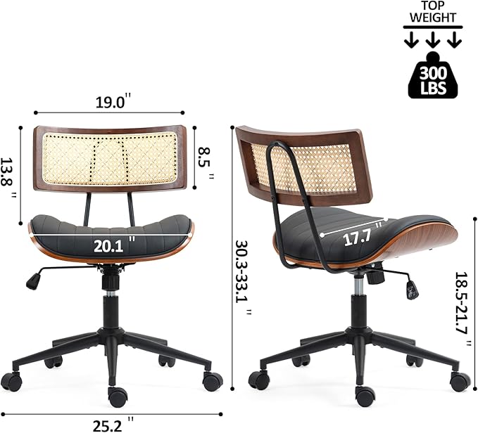 Home Office Chair with Wheels, Adjustable Height Desk Chair with Rattan Backrest, Leather Swivel Computer Chair, Armless Modern Walnut Chair for Office, Meeting Room, Black