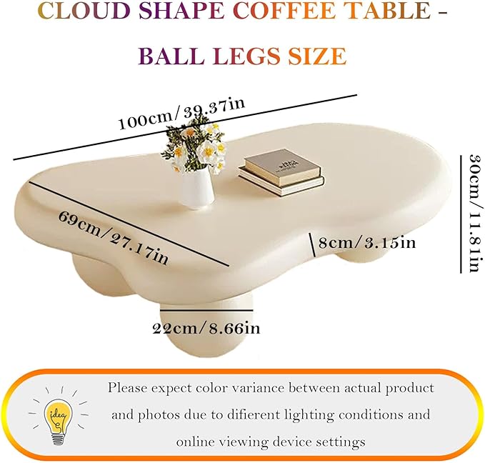 Irregular Cloud Coffee Table with 3 Stable Durable Ball Legs Asymmetrical Chic Low Center Table - Spacious Table for Cups Snacks Fruits Photo (F-39.37in)