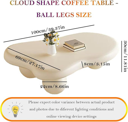 Irregular Cloud Coffee Table with 3 Stable Durable Ball Legs Asymmetrical Chic Low Center Table - Spacious Table for Cups Snacks Fruits Photo (F-39.37in)