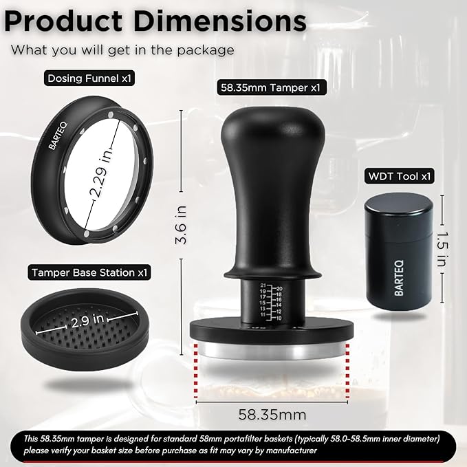 BARTEQ 58.35mm Espresso Accessories Kit, Self Leveling Double Spring Loaded Calibrated Coffee Tamper, Stainless Steel Ripple Base Fits 58mm-58.5mm Portafilters