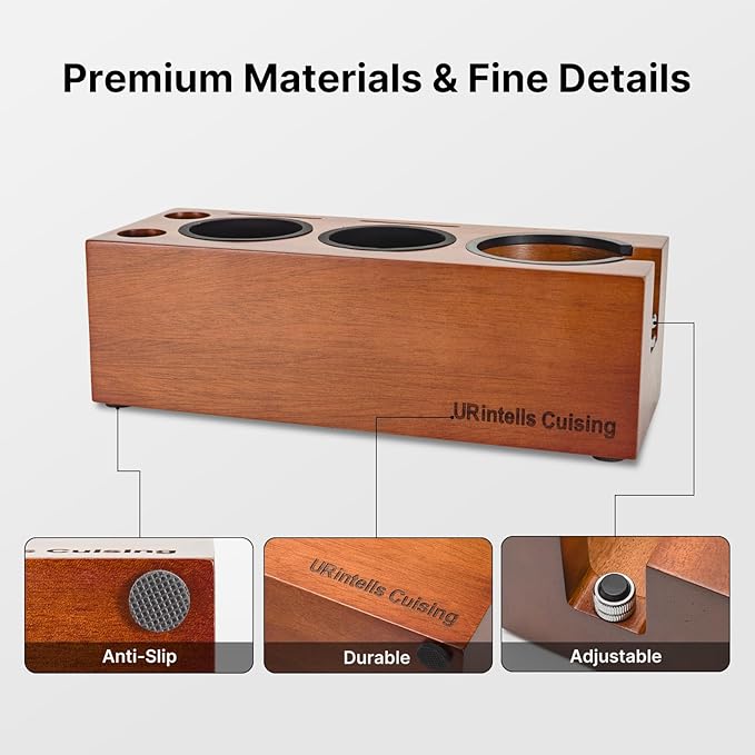 Espresso Tamping Station 8 in 1 Red Rosewood Multifunctional Coffee Organizer with Stainless Steel Drawer Fits 51, 54, 58mm Espresso Tamper, Portafilter, Distributor & Puck Screen Espresso Accessories