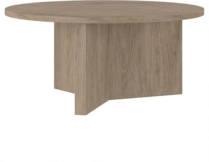 Henn&Hart 36" Round Wood Pedestal Coffee Table for Living Room, Family Room, Office, or Apartment, Antiqued Gray Oak