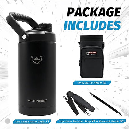 NATURE PIONEOR Insulated Water Bottles with Strap - 64 oz Stainless Steel Vacuum Wide Mouth Bottle with Holder/Carrier/Sleeve - 18/8 Food Grade 64oz Half Gallon Water Jug