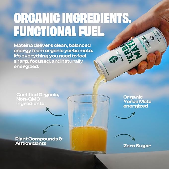 Mateina Yerba Mate Zero Sugar Energy Drink – 120mg Natural Caffeine – Organic, Non-GMO, Non-Carbonated – Dr. Andrew Huberman Recommended – 12 Pack (12oz Cans) (12 Pack, Lemon Original)