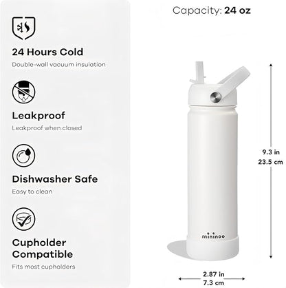 mininoo Insulated Stainless Steel Water Bottle with Straw and Lid for Sports, 24 oz, White