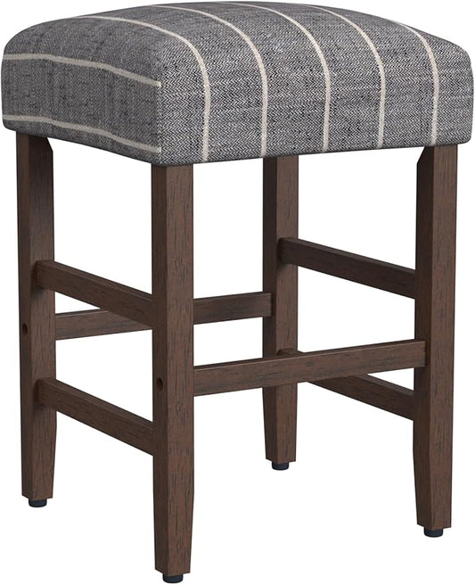 HomePop Home Decor Classic Open-Back Counter Height Barstool Square 24 Inch Bar Stools with Domed Cushion, Midnight Gray Woven Stripe